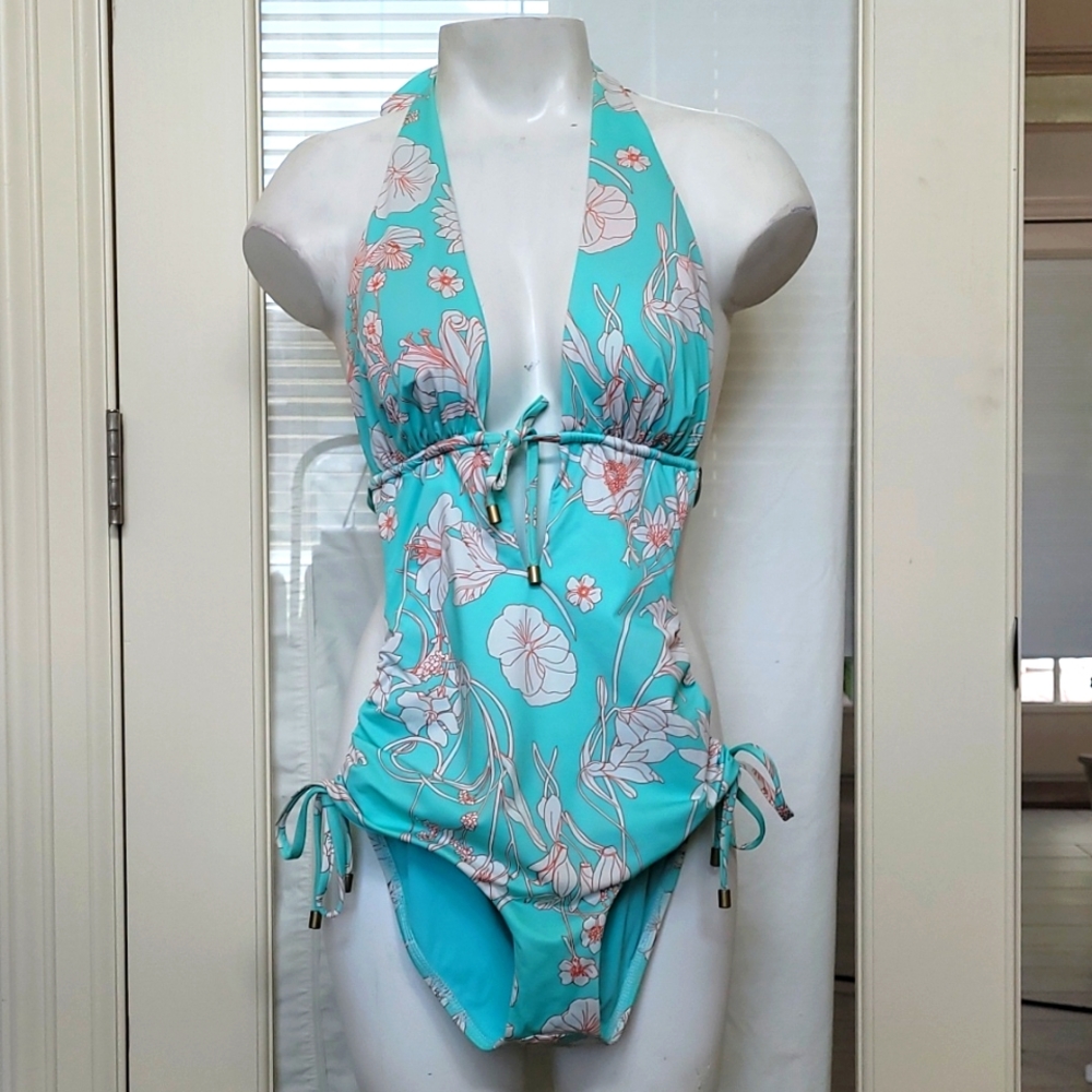 Blue Floral Keyhole Monokini Swimsuit